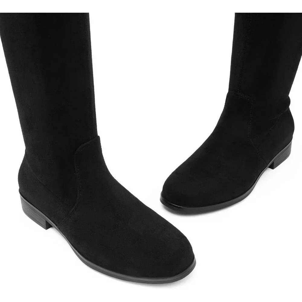 Women's Black-suede Thigh High Low Block Heel Casual Fashion Over the Knee Boots